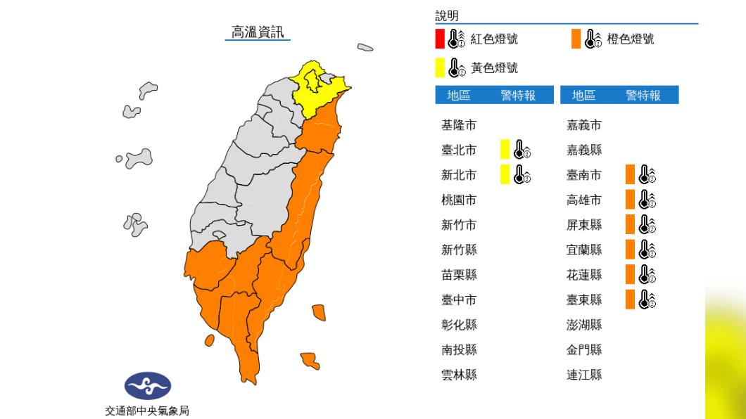 氣象局針對全台8縣市發布高溫資訊。(圖/中央氣象局)