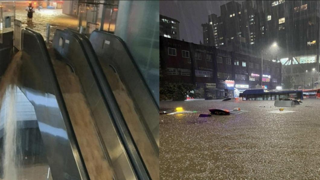 韓國受到暴雨襲擊,各處淹水。(圖/翻攝自推特@ninetaefox)