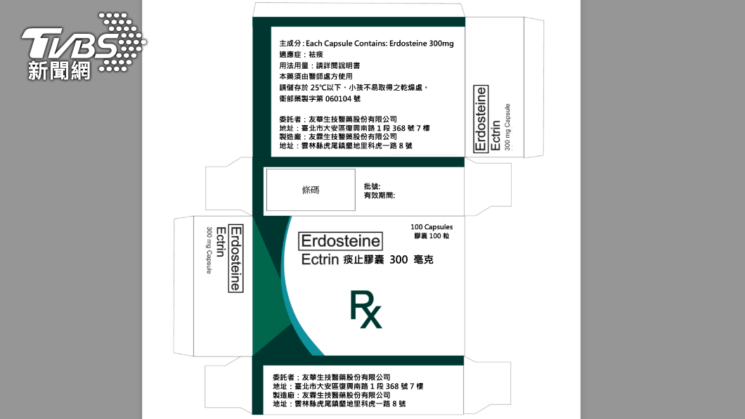 「痰止膠囊300毫克 Ectrin Capsules 300mg」外觀。(圖/食藥署提供)