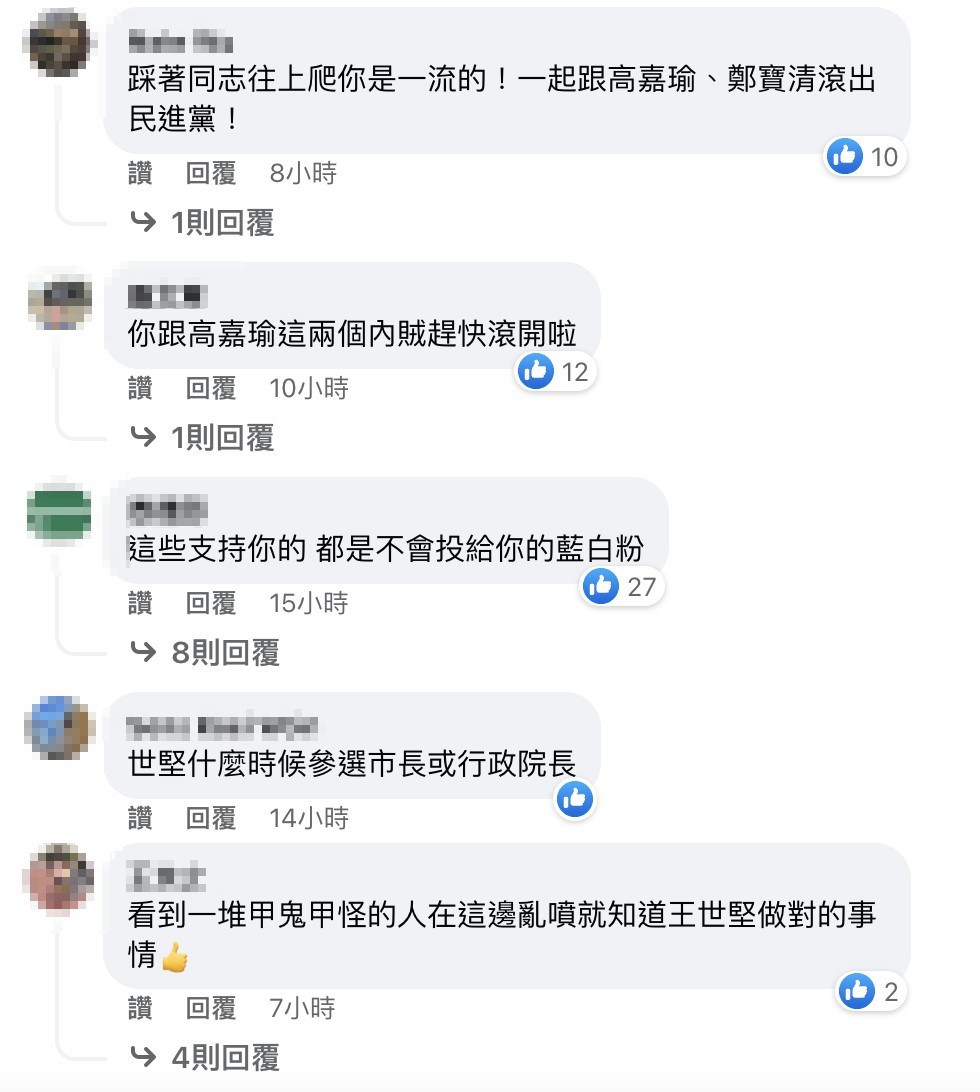 連同王世堅都慘遭綠營支持者謾罵。(圖/翻攝自王世堅臉書)