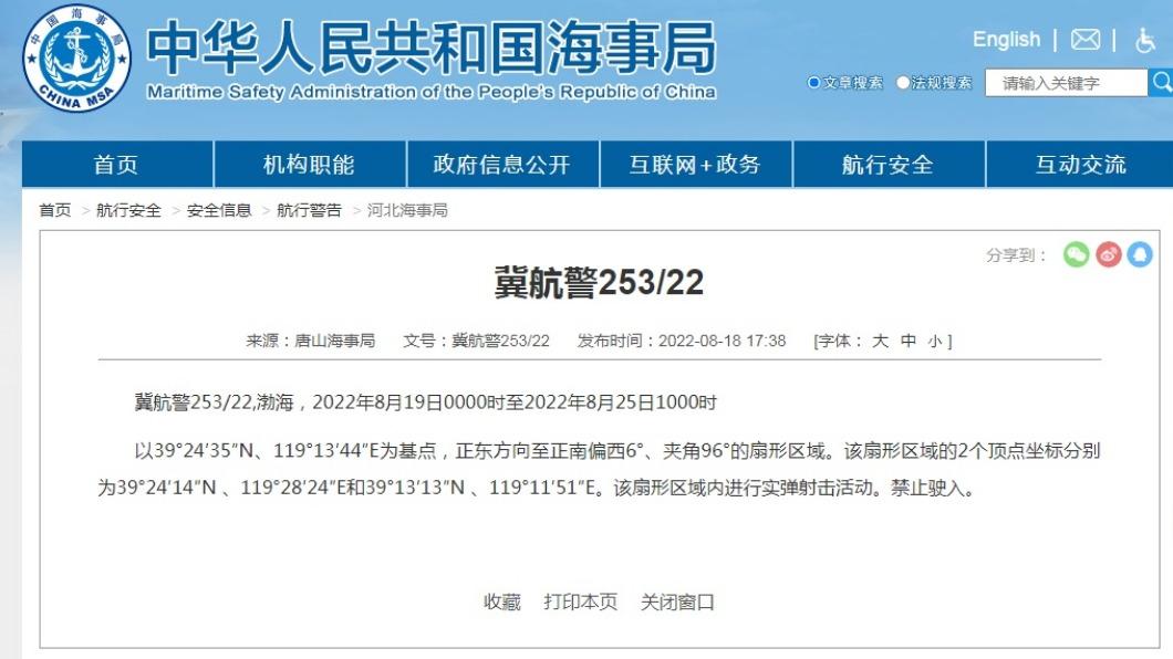 共軍今起在渤海等海域實彈射擊。（圖／翻攝自中國海事局）
