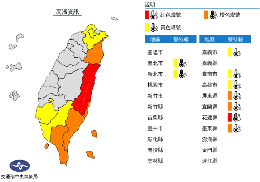 中央氣象局發布高溫警報。(圖/翻攝自中央氣象局官網)