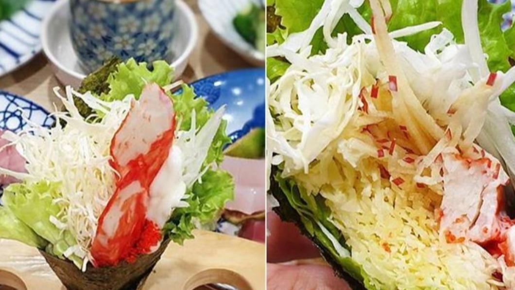 加入洋蔥絲和蘋果絲的「蟹肉蝦卵手卷」。（圖／Sunny旅遊趣提供）