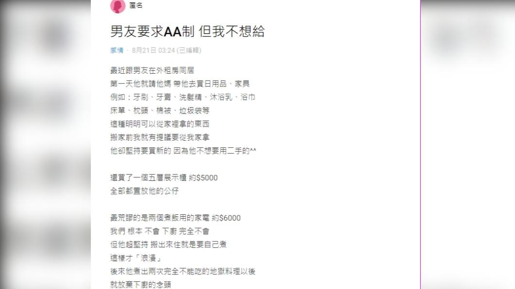 網友以「男友要求AA制但我不想給」為題發文。（圖／翻攝自Dcard）