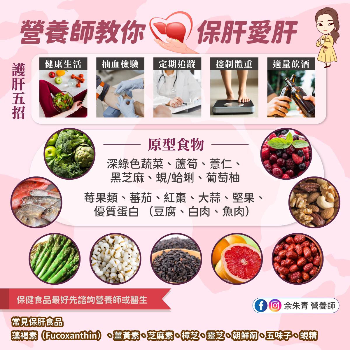 余朱青傳授5招護肝法,以及可以保肝的原型食物。(圖/翻攝自余朱青營養師臉書)