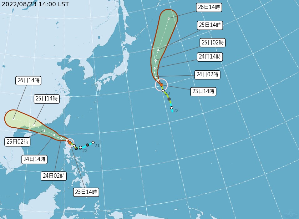 雙颱預估路徑圖。(圖/翻攝自中央氣象局官網)