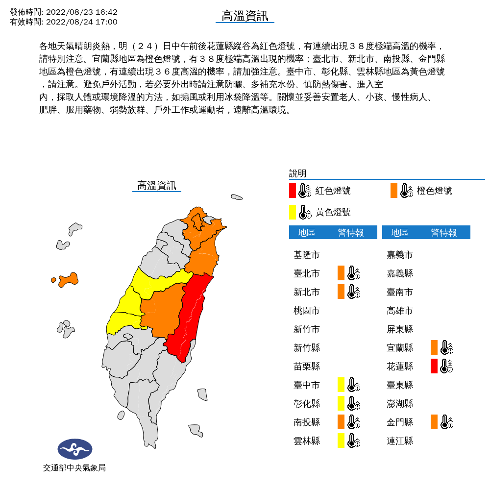 氣象局發布明天高溫資訊。(圖/翻攝自中央氣象局官網)