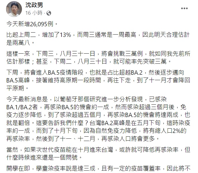 沈政男推斷下週全台確診病例破三萬例。(圖/翻攝自沈政男臉書)