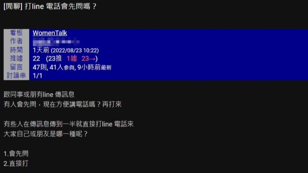 原PO發文詢問網友,打LINE前是否會先詢問。(圖/翻攝自PTT)