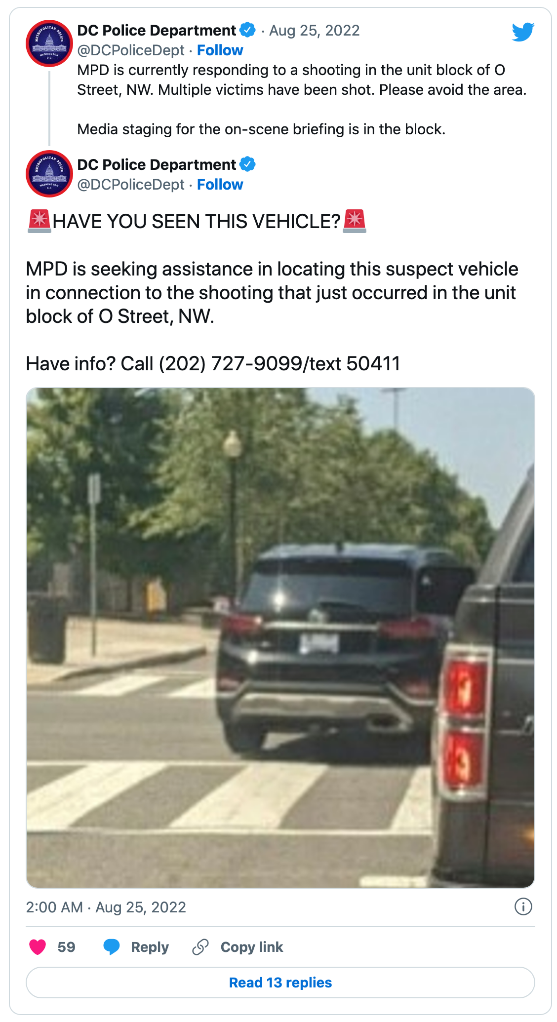 警方公佈嫌疑人車輛照片。(圖/翻攝自@DCPoliceDept推特)