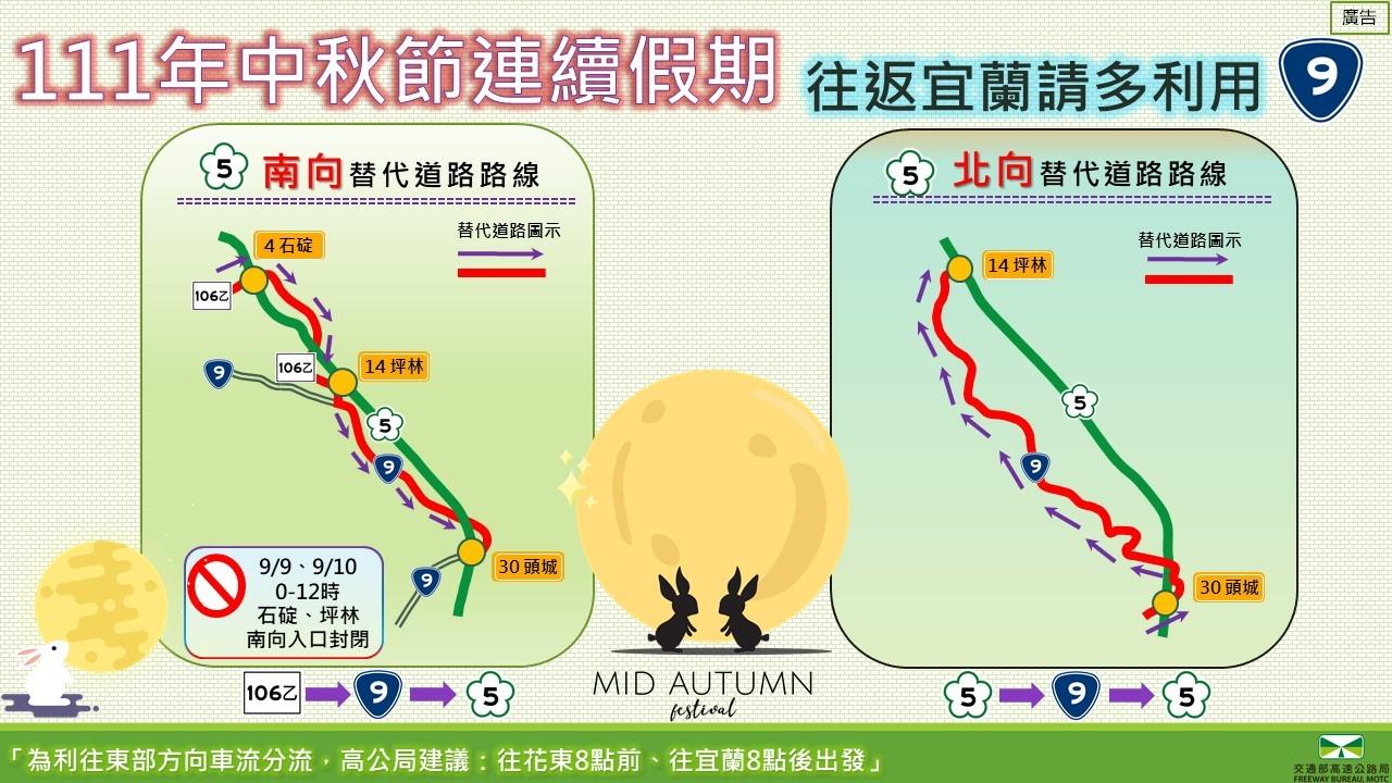 國5頭城至坪林北向：改走台9線。（圖／高公局提供）