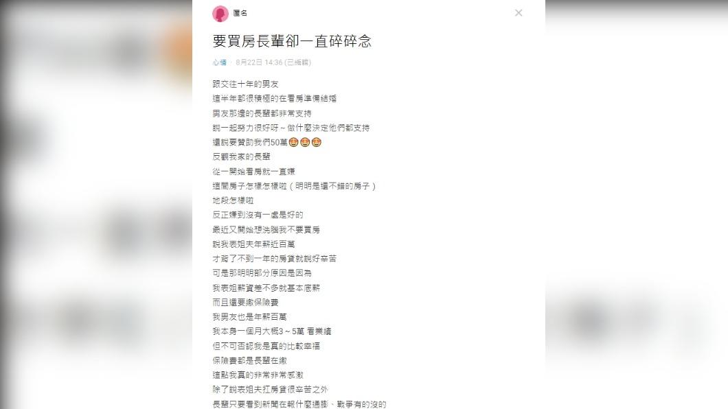 原PO買婚房，娘家人卻不斷有意見。（圖／翻攝自Dcard）