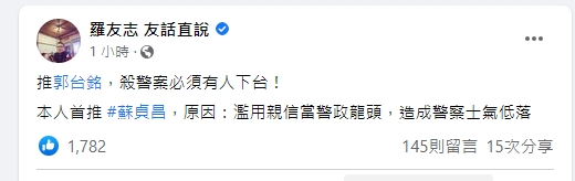 羅友志今在臉書發文，直指蘇貞昌最該下台。（圖／翻攝羅友志臉書）
