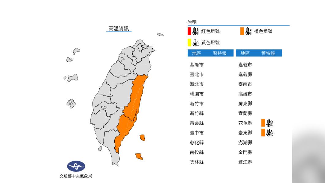 氣象局針對花蓮縣、台東縣發布高溫警報。(圖/中央氣象局)