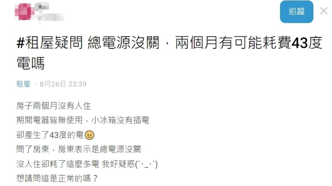網友發現房子沒人住,卻無故耗43度電。(圖/翻攝自Dcard)