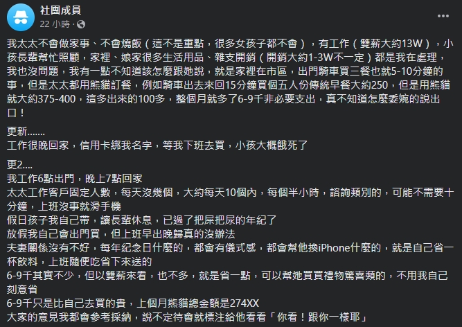 原PO透露老婆吃飯都只叫外送,讓他十分困擾。(圖/翻攝自「匿名公社」臉書)