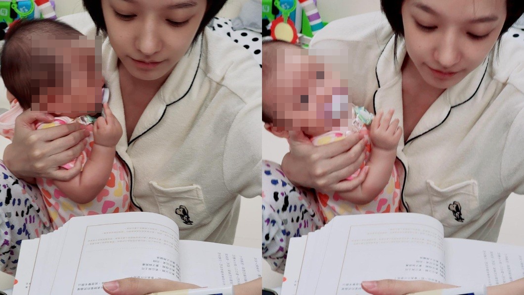 孟耿如女兒似乎見母親邊抱她邊課書不夠專心偷偷比中指抗議。(圖/翻攝自孟耿如臉書)