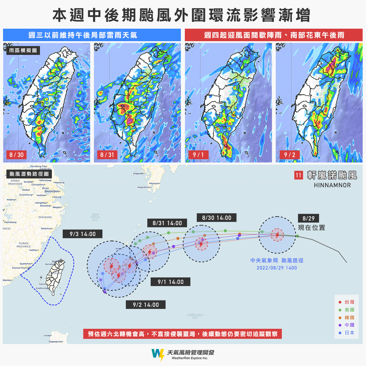 本週中後期颱風外圍環流影響漸增。(圖/翻攝自天氣風險臉書)
