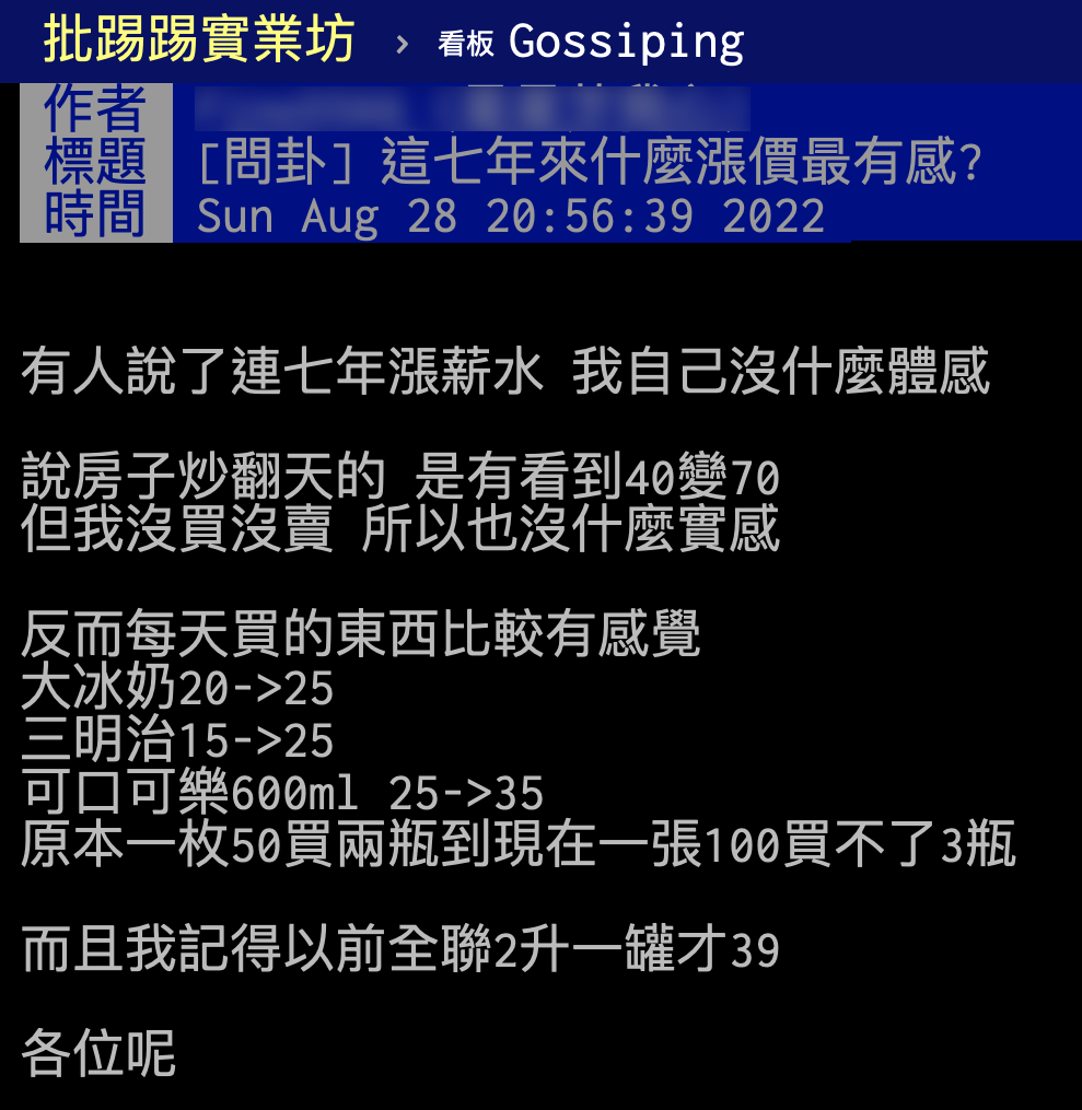 網友熱議最有感漲價的物品。(圖/翻攝自PTT)