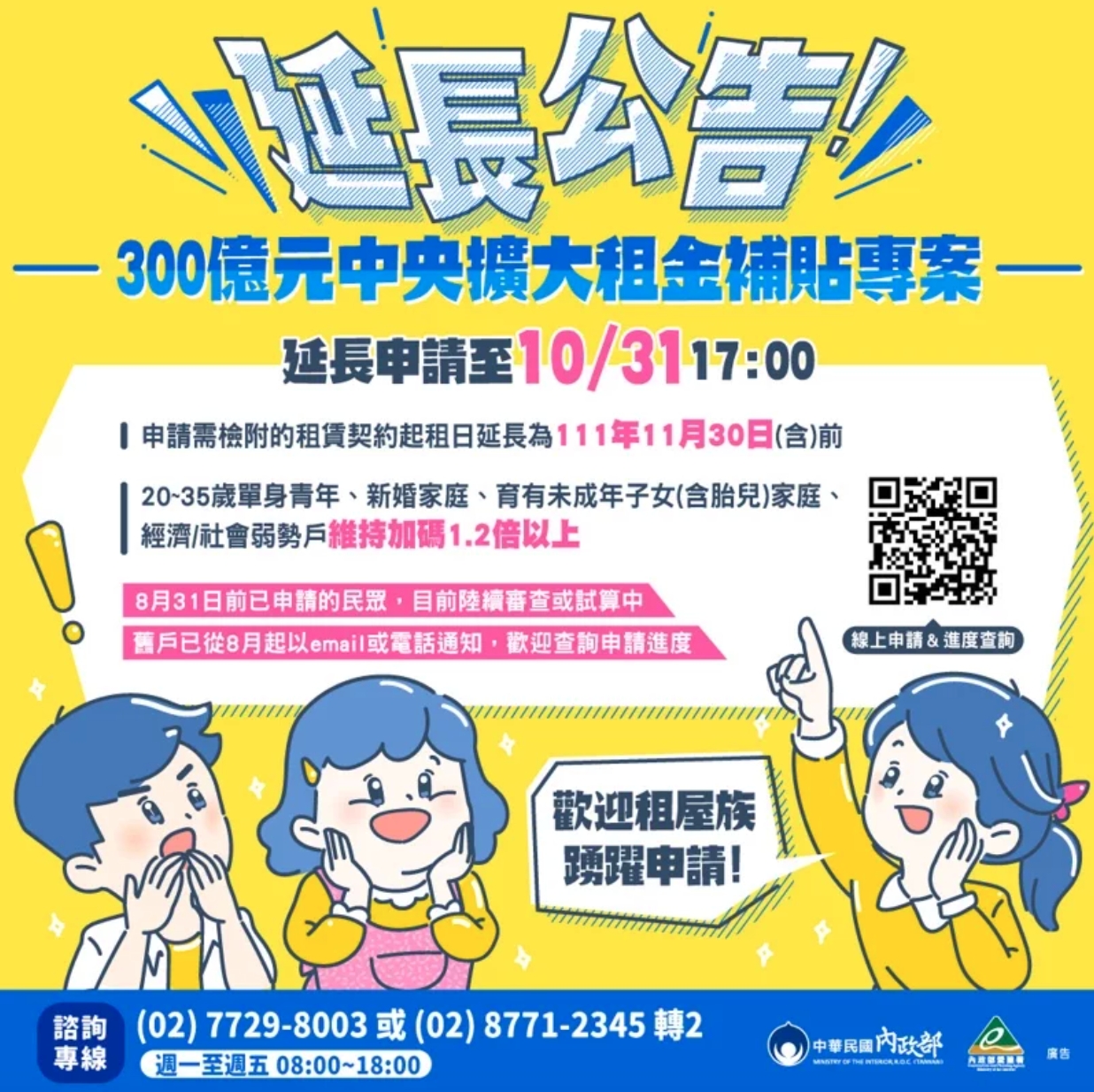 「300億擴大租金補貼專案」延長受理。(圖/營建署提供)