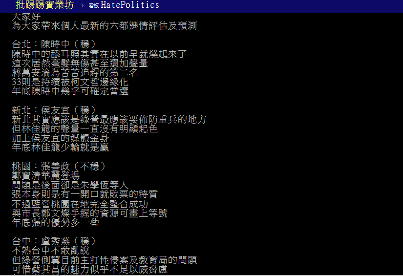原PO分析最新的六都選情預測。(圖/翻攝自PTT)
