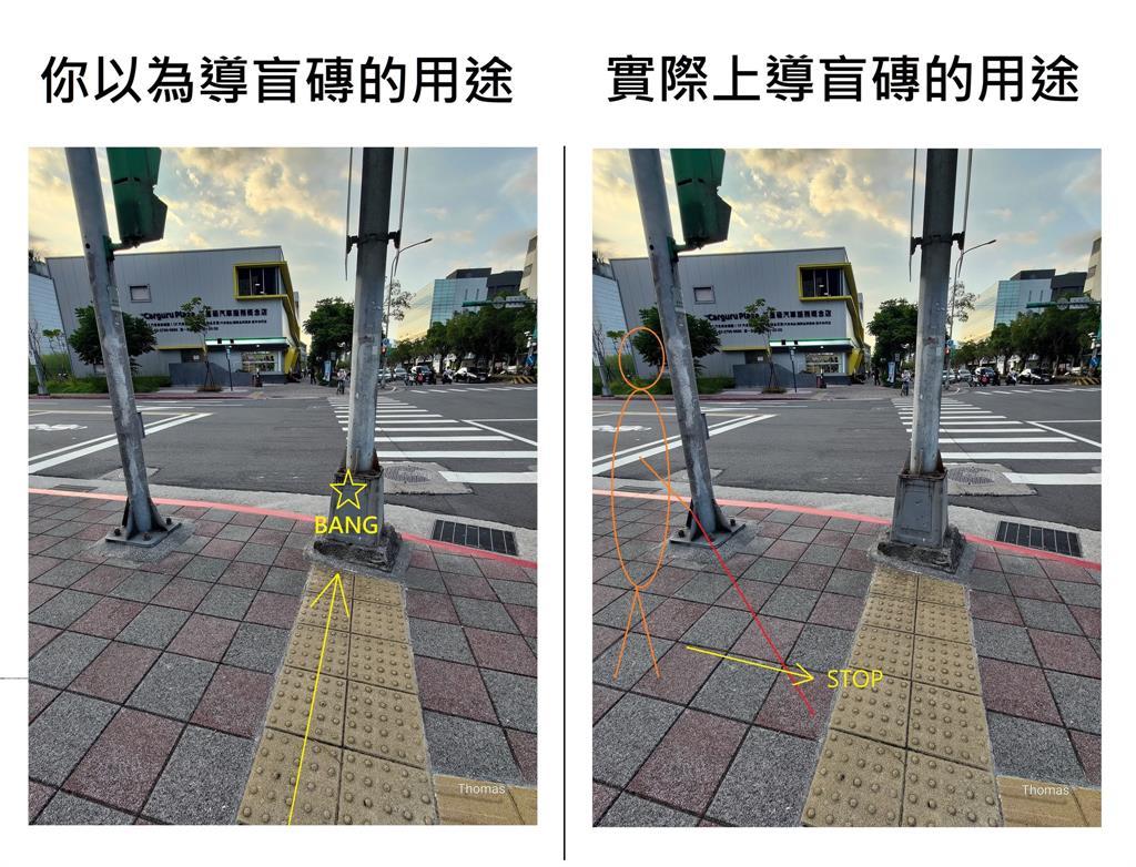 網友解釋,點點是提醒盲人注意障礙物,直線才是引導方向。(圖/翻攝自路上觀察學院臉書)