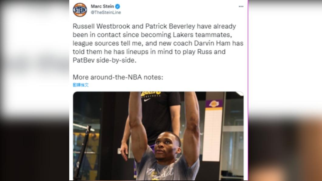 NBA資深記者史坦(Marc Stein)爆料,湖人總教練漢姆(Darvin Ham)有意讓貝佛利和衛斯布魯克一同上場。(圖/翻攝自推特)