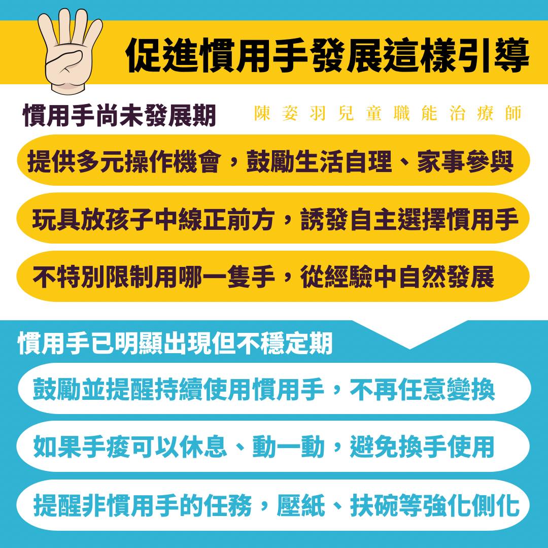促進慣用手發展的引導方法(未發展期/發展不穩定期)。(圖/翻攝自陳姿羽兒童職能治療師臉書)