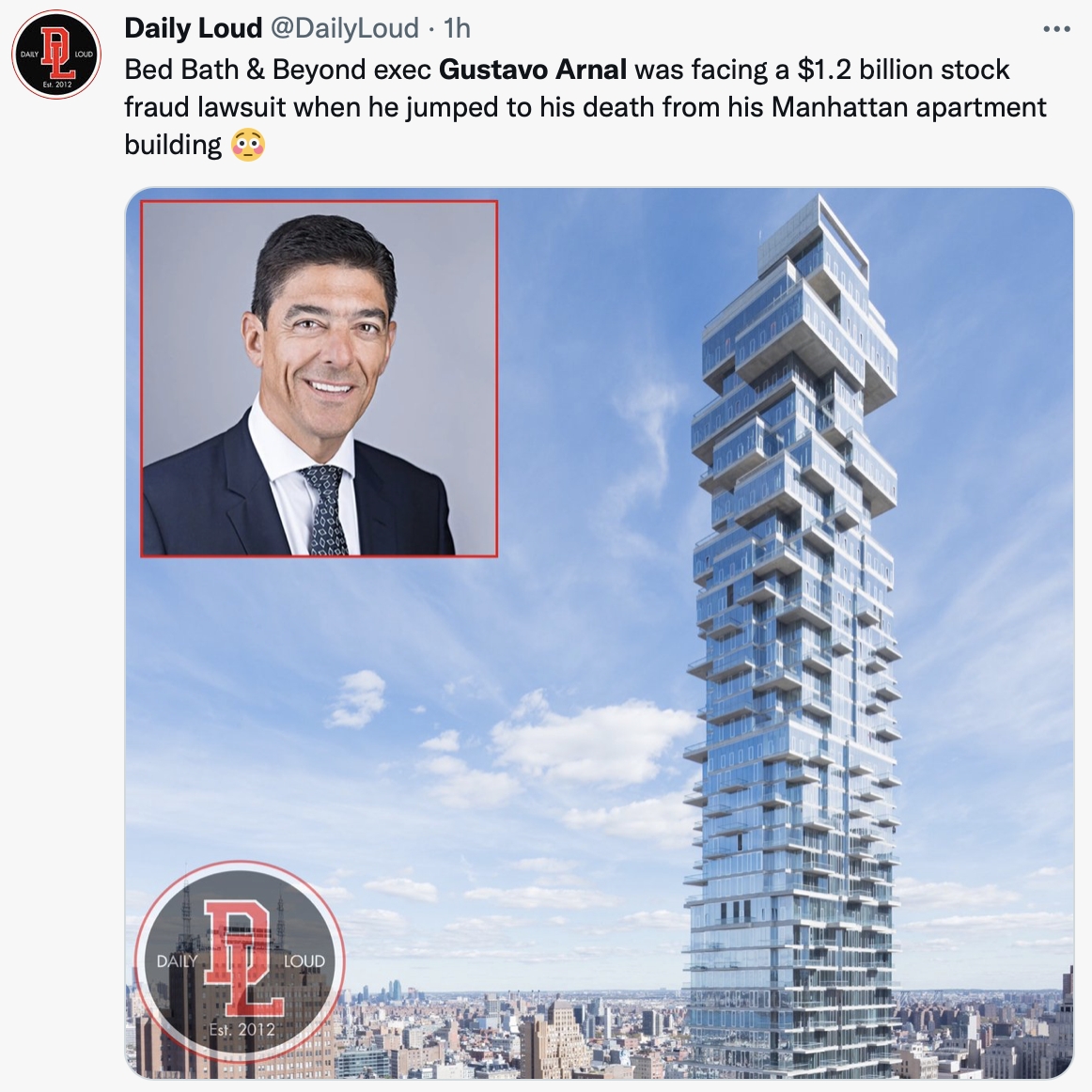 阿納爾從其高樓住處墜樓亡。(圖/翻攝自@DailyLoud推特)