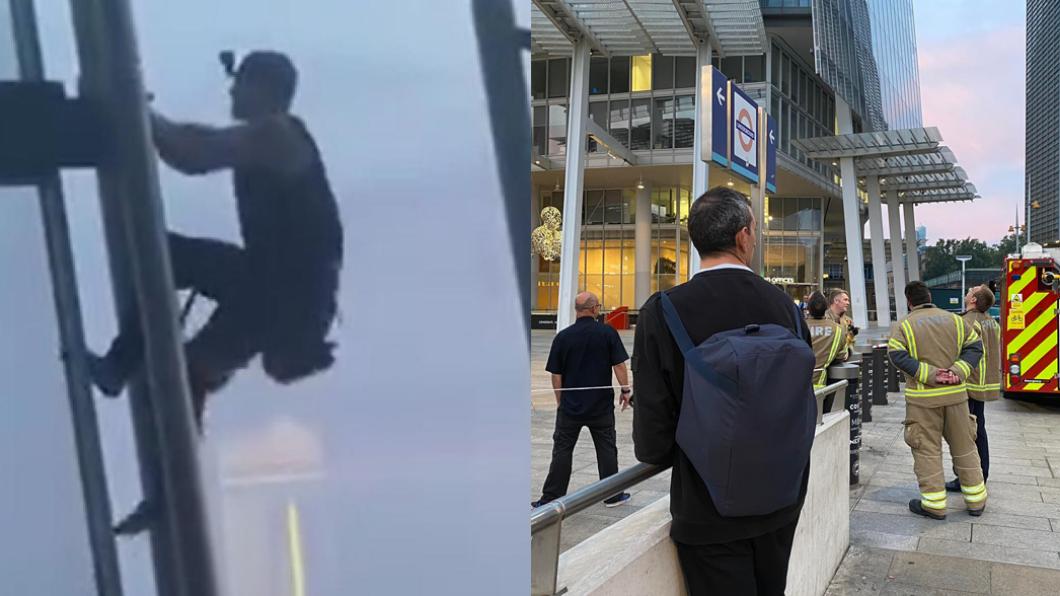 飯店內情侶拍下男子攀爬過程,警消也針對大樓一樓做封鎖。(圖/翻攝自推特)