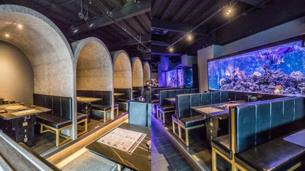 「山上走走日式無菜單燒肉專門店」內部水族館裝潢設計感十足。（圖／大手牽小手玩樂趣提供）