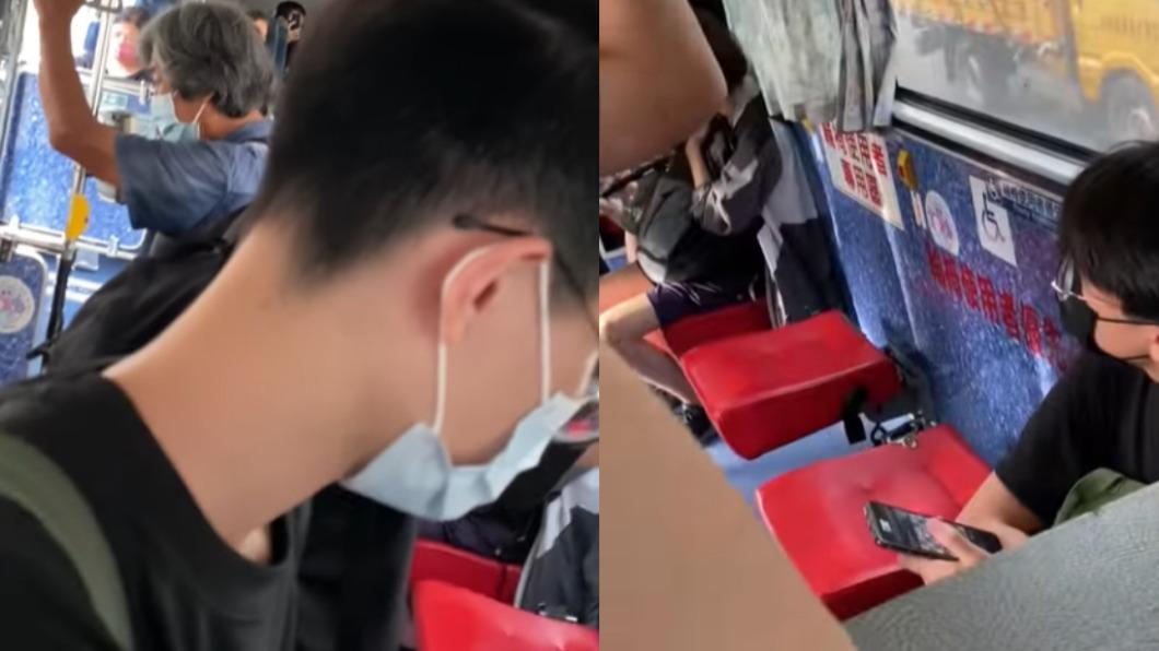 老翁放著身後兩個空位不坐,偏要跟南一中的學生搶位子。(圖/翻攝自爆料公社臉書)