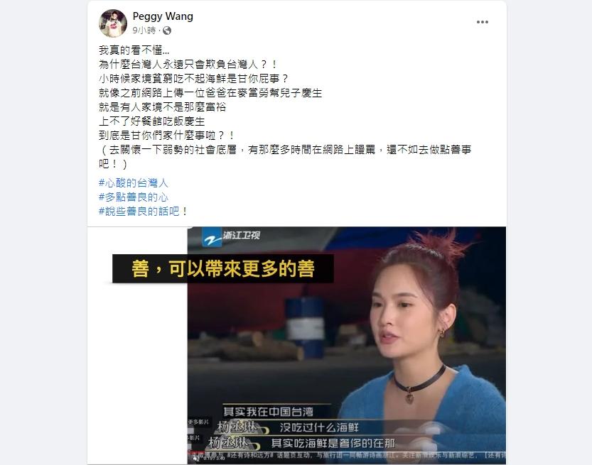 王思涵心疼楊丞琳,不懂為什麼台灣人永遠只會欺負台灣人?(圖/翻攝自王思涵臉書)