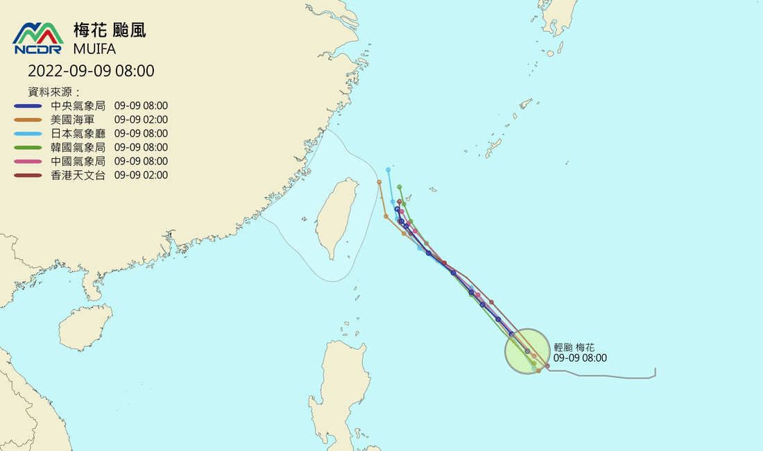 台灣週六、週日將受到颱風梅花外圍影響。(圖/翻攝自NCDR)