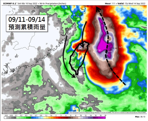 梅花颱風預測累積雨量。（圖／翻攝自吳聖宇 臉書）