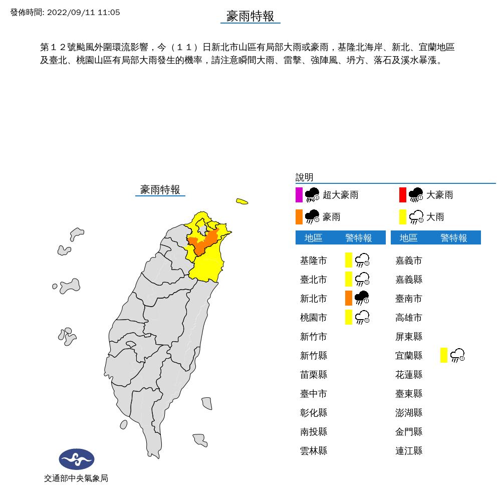 受外圍環流影響，氣象局針對5縣市發布豪大雨特報。（圖／中央氣象局）