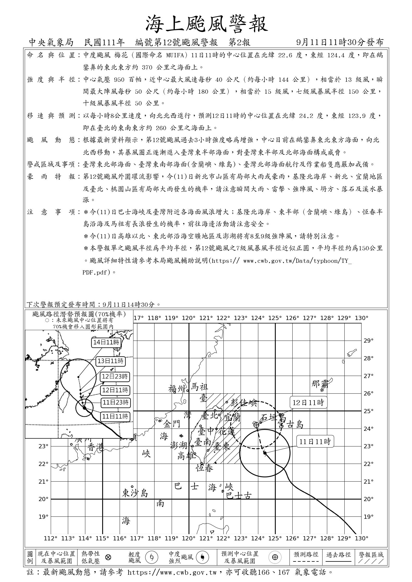 梅花颱風海上颱風警報範圍擴大。(圖/氣象局提供)
