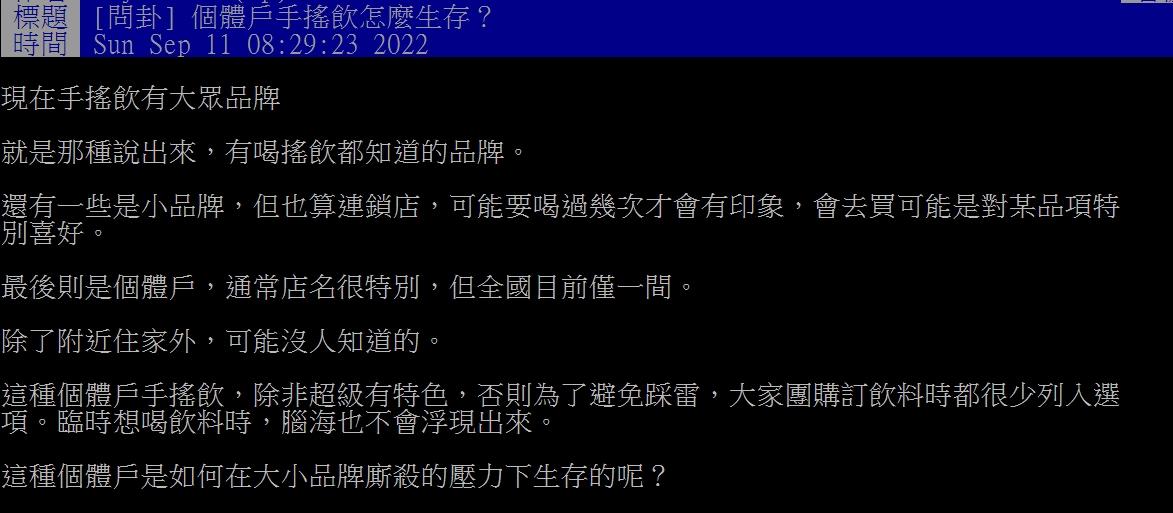 網友好奇個體戶手搖飲怎麼生存。(圖/翻攝自PTT)