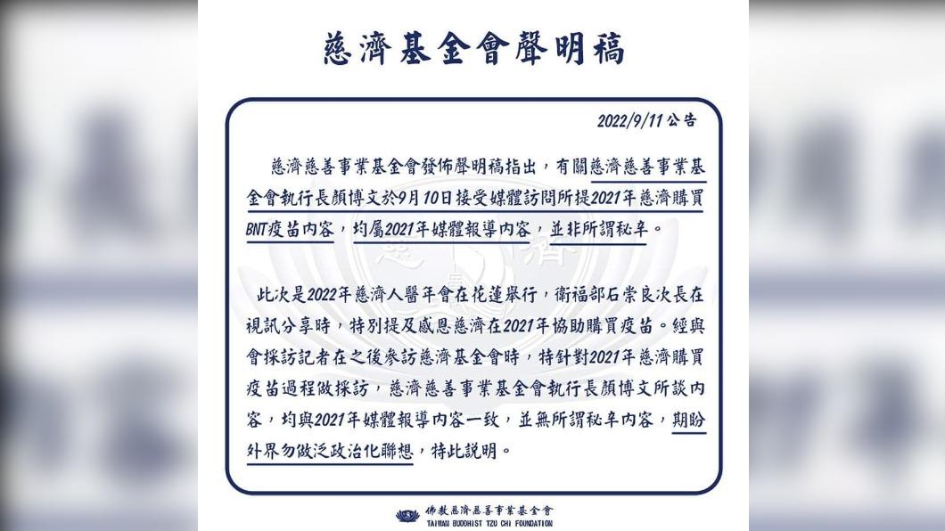 慈濟昨晚針對採購疫苗爭議發布聲明。(圖/慈濟)