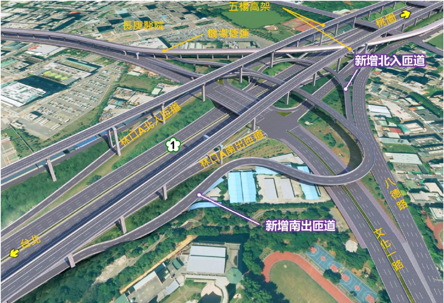 國道1號林口交流道改善工程將施作南出和北入匝道，預計2025年完工通車。（圖為示意圖，新北市政府交通局網站）