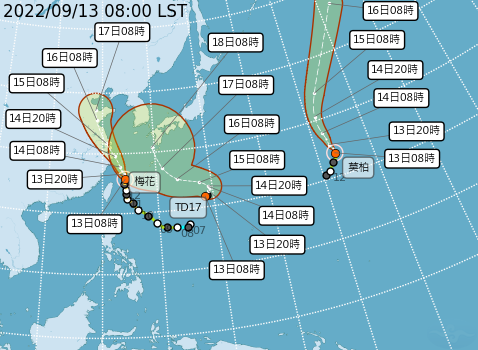 台灣東方1800公里的海上熱帶性低氣壓,預估在12至24小時內增強為輕度颱風。(圖/中央氣象局)