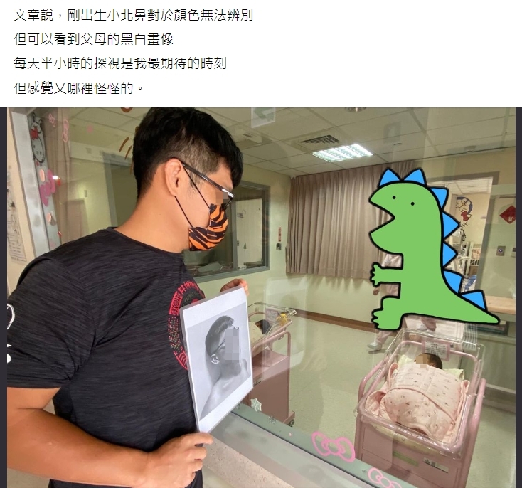 一名新手爸雙手捧著自己的黑白照片，在嬰兒房外看小孩。（圖／翻攝自爆廢公社二館臉書）