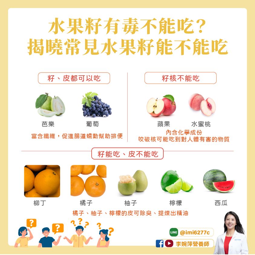 營養師一張圖帶你看哪些水果籽、皮能吃與不能吃。(圖/翻攝自營養師李婉萍臉書)