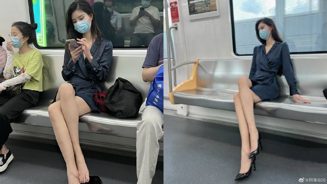 阿朱日前才以OL裝扮現身列車大秀美腿引發熱烈討論。(圖/翻攝自微博)