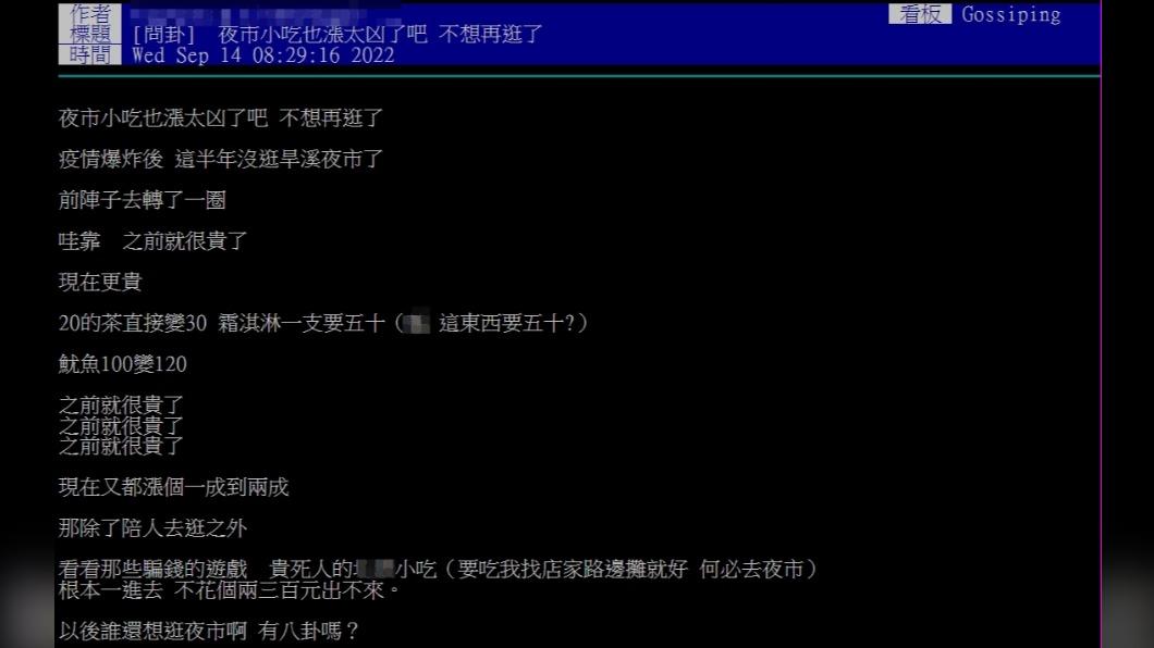 網友就抱怨夜市小吃狂漲。（圖／翻攝自PTT）