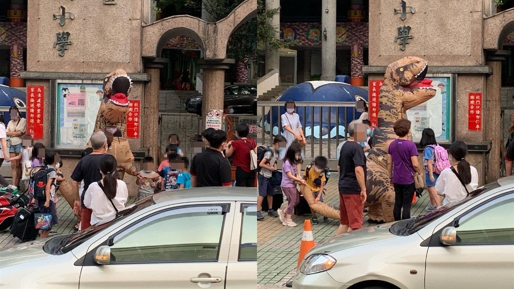 發文網友提到這名家長是連續2天都以恐龍裝形式出沒。(圖/翻攝自臉書社團「林口大家庭LinKou-Family」)