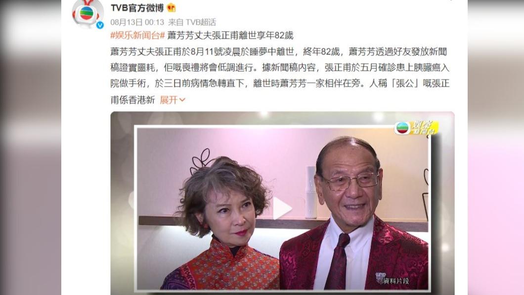 港媒證實蕭芳芳丈夫過世,享壽82歲。(圖/翻攝自微博)