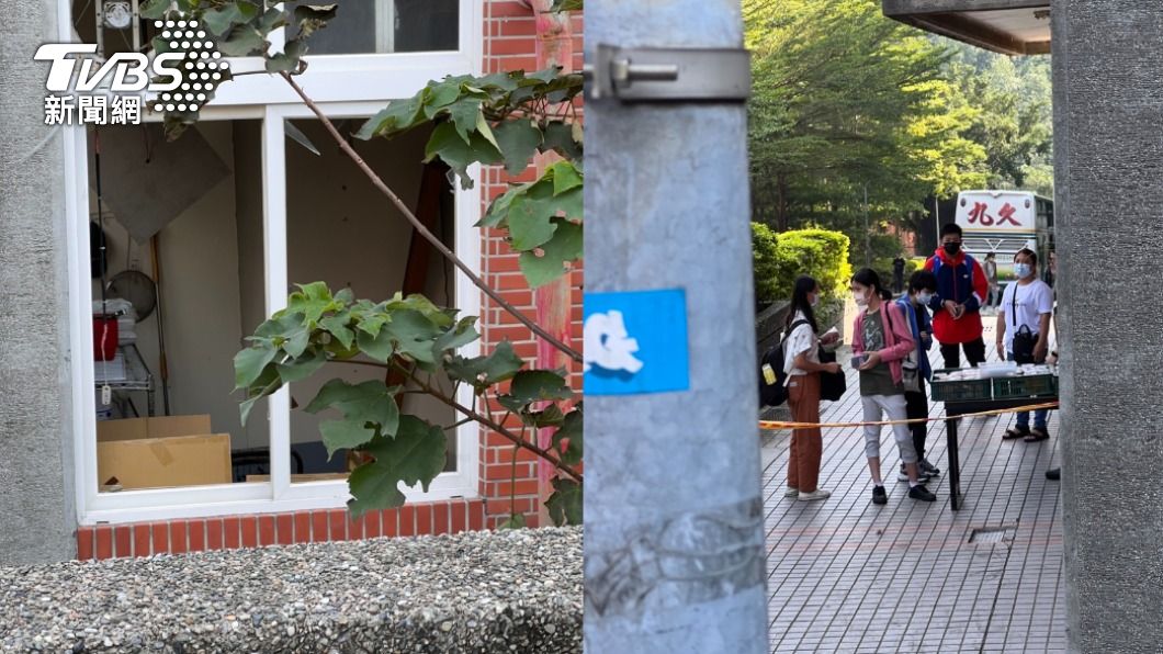學生餐廳玻璃疑似在氣爆中被震碎,現場已圍起封鎖線。(圖/學生提供)