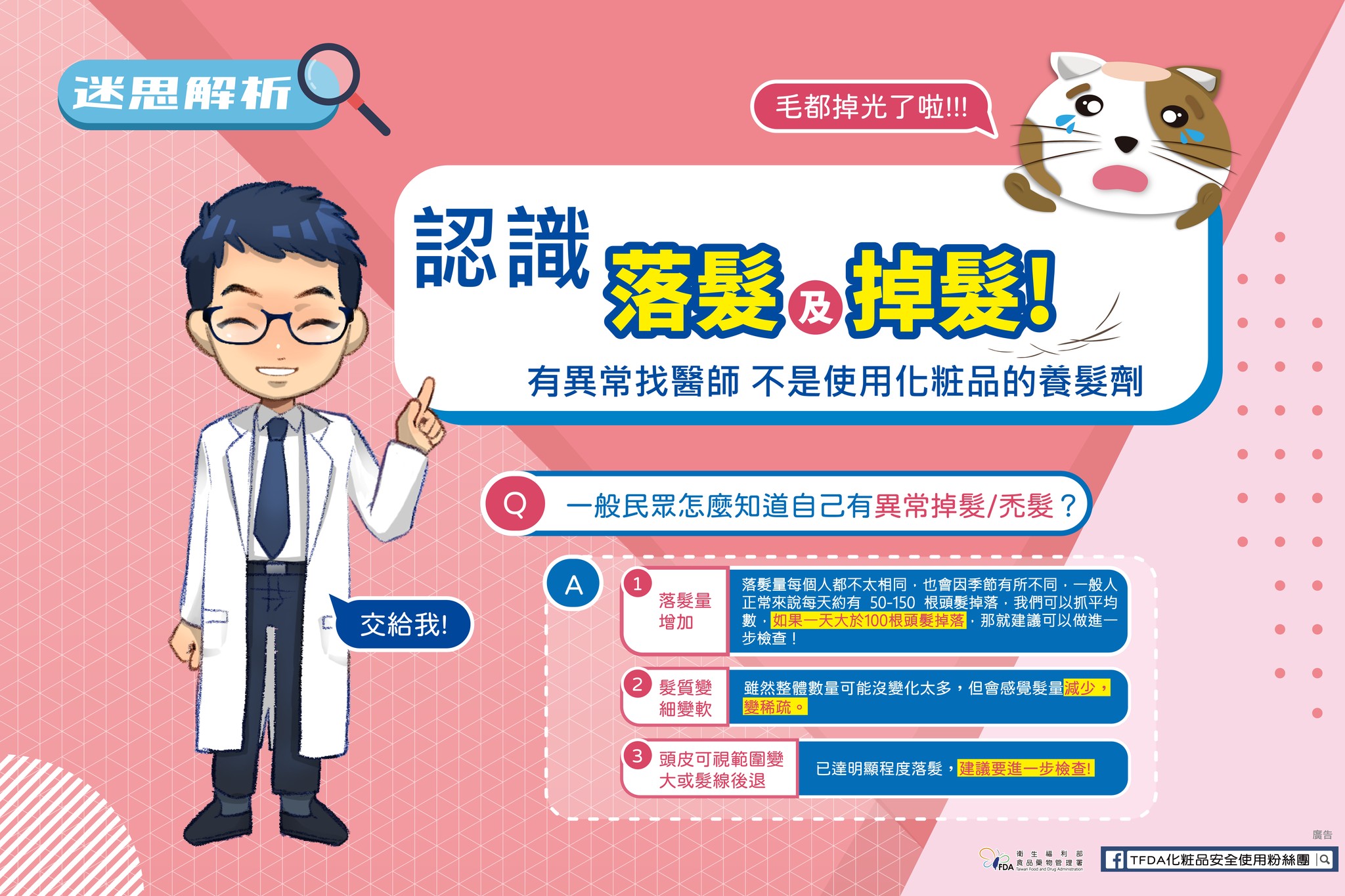 民眾判斷異常掉髮的方法。(圖/翻攝自TFDA 化粧品安全使用臉書)
