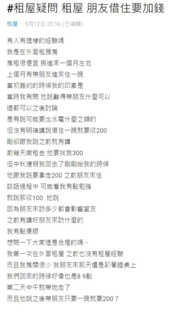 原PO表示,當初房東並沒有明確表明帶外人過夜需要加收200元。(圖/翻攝自Dcard)